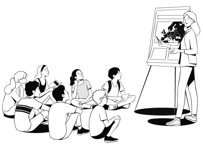 Illustration of teacher and group of students The WellSpring Private School, Ras Al Khaimah a lifeplus internaional school